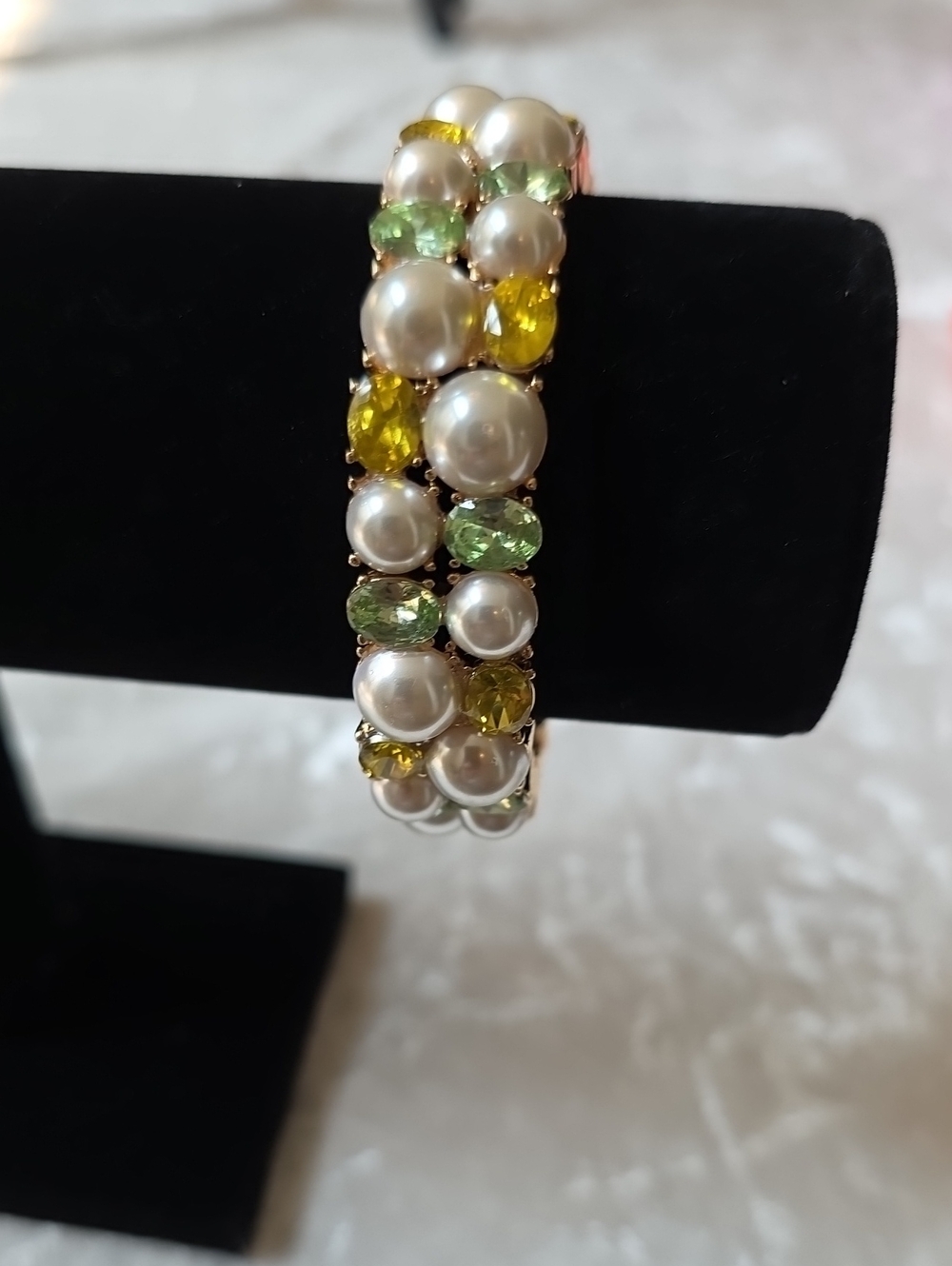 Charter Club Pearl Stretch Bracelet with Yellow and Light Green Crystals